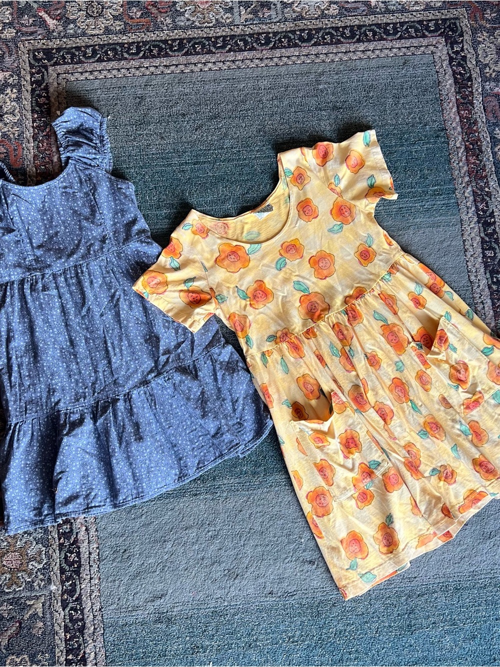 fresh produce Yellow Floral Short-Sleeve Dress + blue dress